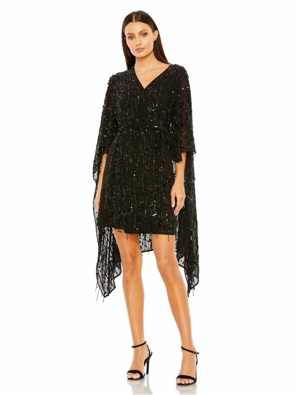 NEW Mac Duggal 94044 Cape Back Fringe Beaded Robe Dress Small Black $598 NWT